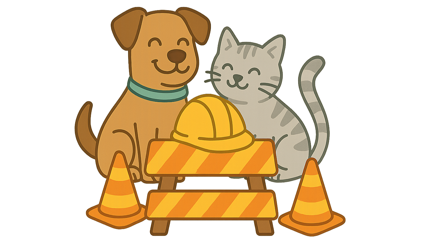 Un chien et un chat devant une zone de chantier.